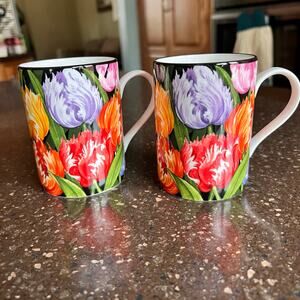Queen's China Tea Cups Parrot Tulips English Fine Bone China Coffee Mug Set of 2